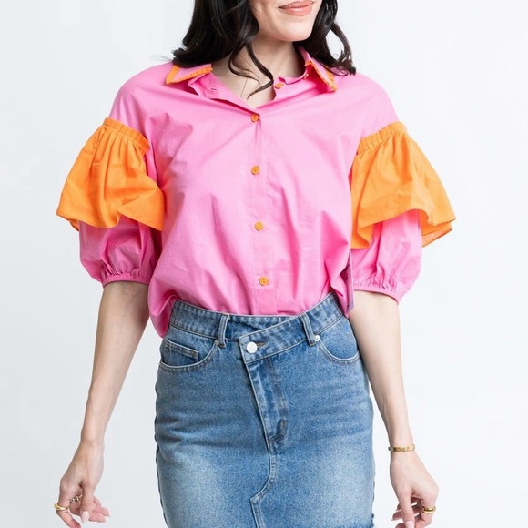 Karlie Tops - Karlie Pink and Orange Puff Sleeve Button-Up Top